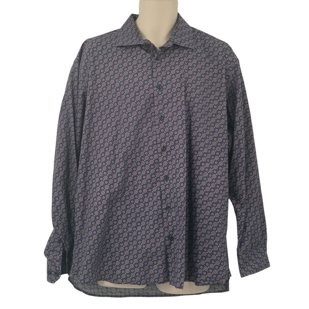 Alan Flusser Men's Long Sleeve Button Down Shirt Gray Red Gold Medallion Size XL